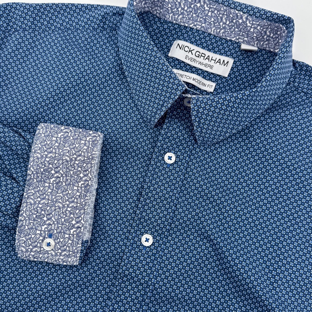 Nick Graham Everywhere Men's Blue Geometric Print‎ Stretch Modern Fit Shirt XL